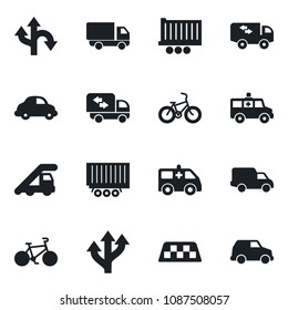 Set of vector isolated black icon - taxi vector, ladder car, ambulance, bike, route, truck trailer, delivery, moving