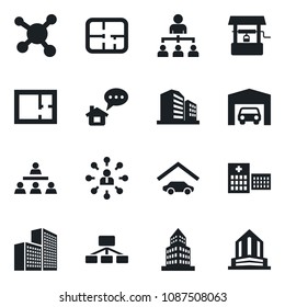 Set of vector isolated black icon - hierarchy vector, well, hospital, molecule, office building, garage, plan, home message