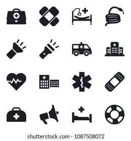 Set of vector isolated black icon - hose vector, heart pulse, doctor case, patch, ambulance star, car, hospital bed, loudspeaker, torch, crisis management