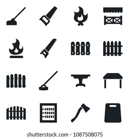 Set of vector isolated black icon - fence vector, saw, fire, hoe, axe, abacus, table, alcove, cutting board