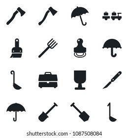 Set of vector isolated black icon - umbrella vector, baggage larry, job, shovel, farm fork, axe, scalpel, fragile, themes, case, stamp, ladle