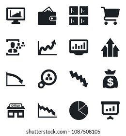 Set of vector isolated black icon - checkroom vector, money bag, crisis graph, store, monitor statistics, pie, hr, consumer search, arrow up, wallet, growth, cart, presentation