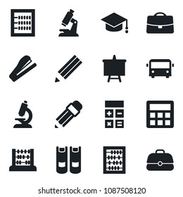 Set of vector isolated black icon - airport bus vector, book, calculator, graduate, abacus, presentation board, microscope, case, pencil, stapler
