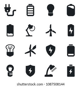 Set of vector isolated black icon - bulb vector, battery, low, protect, charge, desk lamp, power plug, windmill