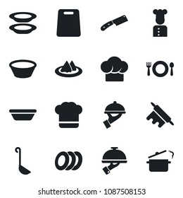 Set of vector isolated black icon - cook vector, serviette, cafe, hat, plates, waiter, ladle, bowl, rolling pin, cutting board, knife, steaming pan