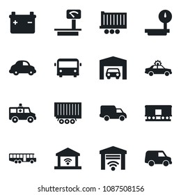 Set of vector isolated black icon - airport bus vector, alarm car, ambulance, truck trailer, delivery, heavy scales, railroad, garage, gate control, battery