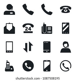 Set of vector isolated black icon - phone vector, mobile, 24 hours, support, cell, radio, mail, call, data exchange