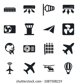 Set of vector isolated black icon - plane vector, airport tower, radar, wind, helicopter, seat map, globe, air conditioner, fan, paper, balloon