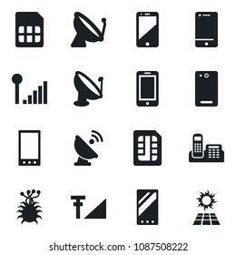 Set of vector isolated black icon - satellite antenna vector, mobile phone, virus, cell, back, sim, cellular signal, office, sun panel