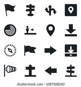 Set of vector isolated black icon - escalator vector, right arrow, left, wind, radar, route, signpost, pin, download, place tag, compass, flag, guidepost