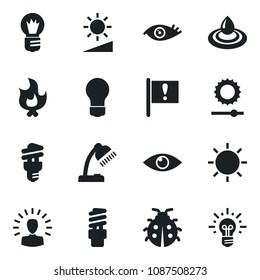 Set of vector isolated black icon - bulb vector, lady bug, fire, sun, eye, important flag, brightness, desk lamp, water, energy saving, shining head, idea