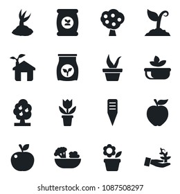 Set of vector isolated black icon - flower in pot vector, seedling, sproute, plant label, fertilizer, fruit tree, salad, apple, eco house, palm