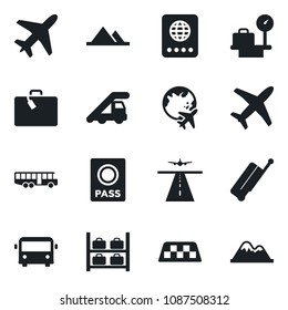 Set of vector isolated black icon - plane vector, runway, taxi, suitcase, airport bus, passport, ladder car, luggage storage, scales, globe, mountains