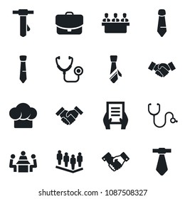 Set of vector isolated black icon - handshake vector, team, tie, document, stethoscope, meeting, cook hat, case