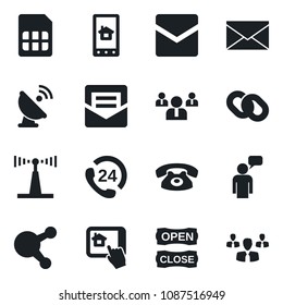 Set of vector isolated black icon - speaking man vector, mail, team, 24 hours, satellite antenna, share, chain, sim, phone, open close, home control app, group