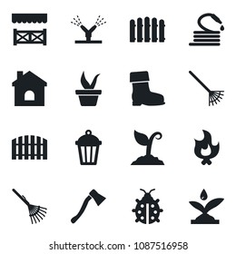 Set of vector isolated black icon - fence vector, rake, seedling, sproute, boot, lady bug, fire, house, hose, axe, garden light, alcove, irrigation