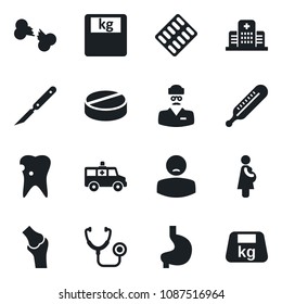 Set of vector isolated black icon - stethoscope vector, thermometer, scales, pills, blister, scalpel, ambulance car, stomach, caries, joint, broken bone, hospital, doctor, patient, pregnancy, heavy