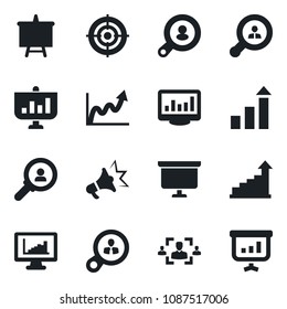 Set of vector isolated black icon - growth statistic vector, presentation board, monitor statistics, hr, target, client search, consumer, graph, advertising