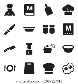 Set of vector isolated black icon - cook vector, cafe, hat, menu, salt and pepper, bowl, cutting board, knife, steaming pan, omelette