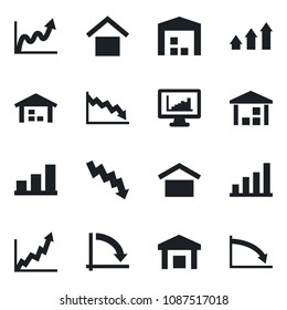 Set of vector isolated black icon - crisis graph vector, warehouse storage, monitor statistics, bar, arrow up, growth