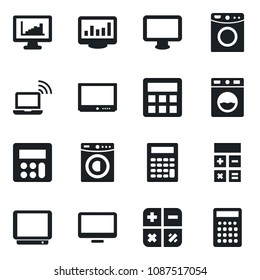 Set of vector isolated black icon - wireless notebook vector, calculator, tv, monitor, statistics, washer