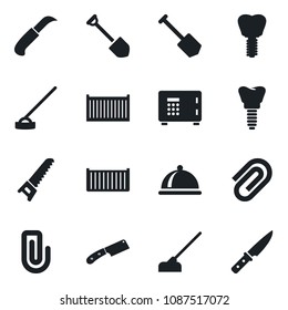 Set of vector isolated black icon - safe vector, job, saw, hoe, garden knife, implant, cargo container, paper clip, dish