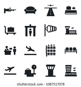 Set of vector isolated black icon - airport tower vector, runway, departure, arrival, baggage conveyor, trolley, passport control, security gate, waiting area, wind, boarding, seat map, building
