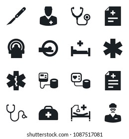 Set of vector isolated black icon - doctor case vector, diagnosis, stethoscope, blood pressure, scalpel, tomography, ambulance star, hospital bed