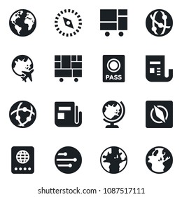 Set of vector isolated black icon - passport vector, globe, plane, earth, consolidated cargo, news, network, compass