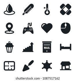 Set of vector isolated black icon - growth statistic vector, mouse, trowel, water drop, heart, thermometer, patch, gamepad, place tag, mailbox, plan, bedroom, outdoor lamp, police, storefront