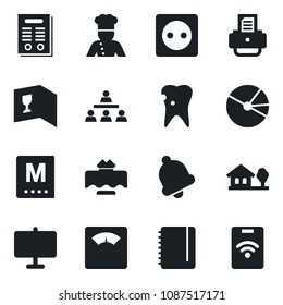 Set of vector isolated black icon - notepad vector, printer, scales, caries, bell, presentation board, pie graph, hierarchy, contract, house with tree, cook, restaurant table, wine card, menu, pass