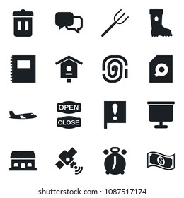 Set of vector isolated black icon - alarm clock vector, plane, farm fork, boot, bird house, important flag, satellite, dialog, copybook, presentation board, document search, cafe building, trash bin