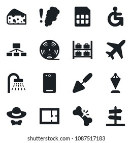 Set of vector isolated black icon - plane vector, shower, luggage storage, pennant, trowel, disabled, broken bone, reel, phone back, sim, plan, dress code, cheese, smoke detector, hierarchy