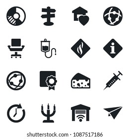 Set Of Vector Isolated Black Icon - Circle Chart Vector, Syringe, Dropper, Signpost, Network, Sertificate, Office Chair, Sweet Home, Candle, Cheese, Smoke Detector, Garage Gate Control, Information