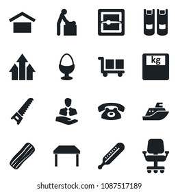 Set of vector isolated black icon - baby room vector, book, saw, thermometer, scales, client, sea shipping, cargo, warehouse storage, scanner, table, phone, bacon, egg stand, arrow up graph