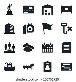 Set of vector isolated black icon - fence vector, credit card, clouds, office building, pedestal, document, calendar, caterpillar, no hook, camera, pool, warehouse, pass, flag, schedule