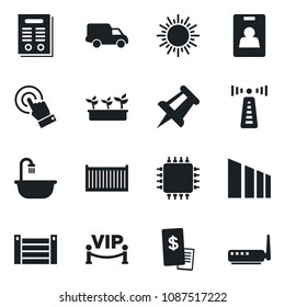 Set of vector isolated black icon - antenna vector, sun, drawing pin, seedling, cargo container, car delivery, sorting, touch screen, identity card, contract, bathroom, vip zone, restaurant receipt