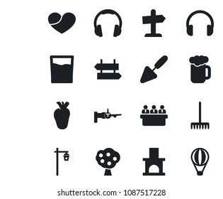 Set of vector isolated black icon - signpost vector, boarding, meeting, trowel, rake, garden light, fireplace, real heart, headphones, fruit tree, drink, beer, guidepost, air balloon