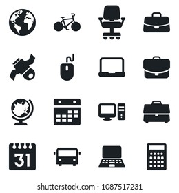 Set of vector isolated black icon - airport bus vector, globe, case, mouse, notebook pc, bike, earth, satellite, calendar, office chair, calculator