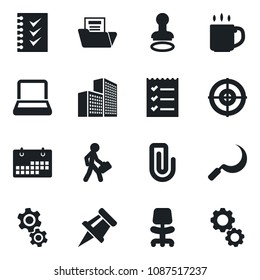 Set of vector isolated black icon - stamp vector, office chair, sickle, calendar, coffee, drawing pin, paper clip, building, document folder, checklist, target, notebook pc, manager, gear