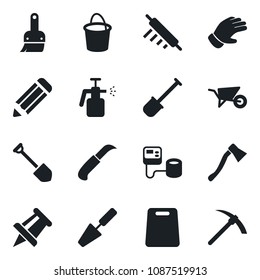 Set of vector isolated black icon - drawing pin vector, job, pencil, trowel, shovel, wheelbarrow, bucket, glove, garden knife, axe, sprayer, blood pressure, themes, rolling, cutting board, hard work