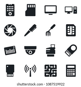 Set of vector isolated black icon - antenna vector, pen, garden fork, barcode, monitor, mobile camera, sd, sim, copier, chip, remote control, pc, usb flash, surveillance, calculator