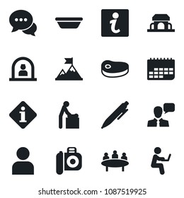 Set of vector isolated black icon - baby room vector, reception, pen, meeting, term, camera, dialog, speaker, user, cafe building, steak, bowl, information, motivation, man with notebook