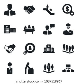 Set Of Vector Isolated Black Icon - Escalator Vector, Baby Room, Speaking Man, Team, Meeting, Hospital, Doctor, Client, Company, Search, Waiter, Handshake, Money, Hierarchy