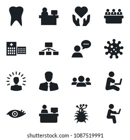 Set of vector isolated black icon - meeting vector, manager place, heart hand, tooth, eye, hospital, virus, client, speaker, group, shining head, hierarchy, man with notebook