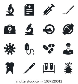 Set of vector isolated black icon - doctor case vector, diagnosis, syringe, blood test vial, dropper, microscope, pills, scalpel, tomography, caries, joint, virus