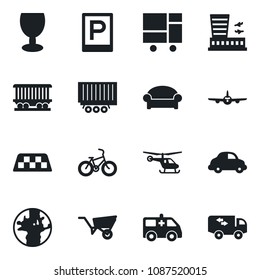 Set of vector isolated black icon - taxi vector, parking, waiting area, plane, helicopter, airport building, wheelbarrow, ambulance car, bike, earth, railroad, truck trailer, delivery, fragile