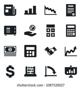 Set of vector isolated black icon - safe vector, handshake, dollar sign, calculator, abacus, crisis graph, cash, news, bar, contract, growth, investment, presentation
