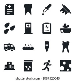 Set of vector isolated black icon - medical room vector, plant label, seeds, diagnosis, dropper, ambulance car, run, tooth, caries, pulse clipboard, hospital, salad, bread, rolling pin, cheese
