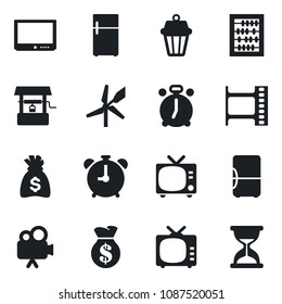 Set of vector isolated black icon - alarm clock vector, tv, abacus, money bag, well, film frame, video camera, outdoor lamp, fridge, windmill, sand